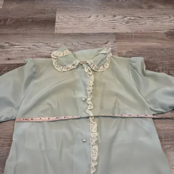 Vintage Christian Dior Mint Chiffon Lace Blouse Coquette Romantic Small - Picture 9 of 10
